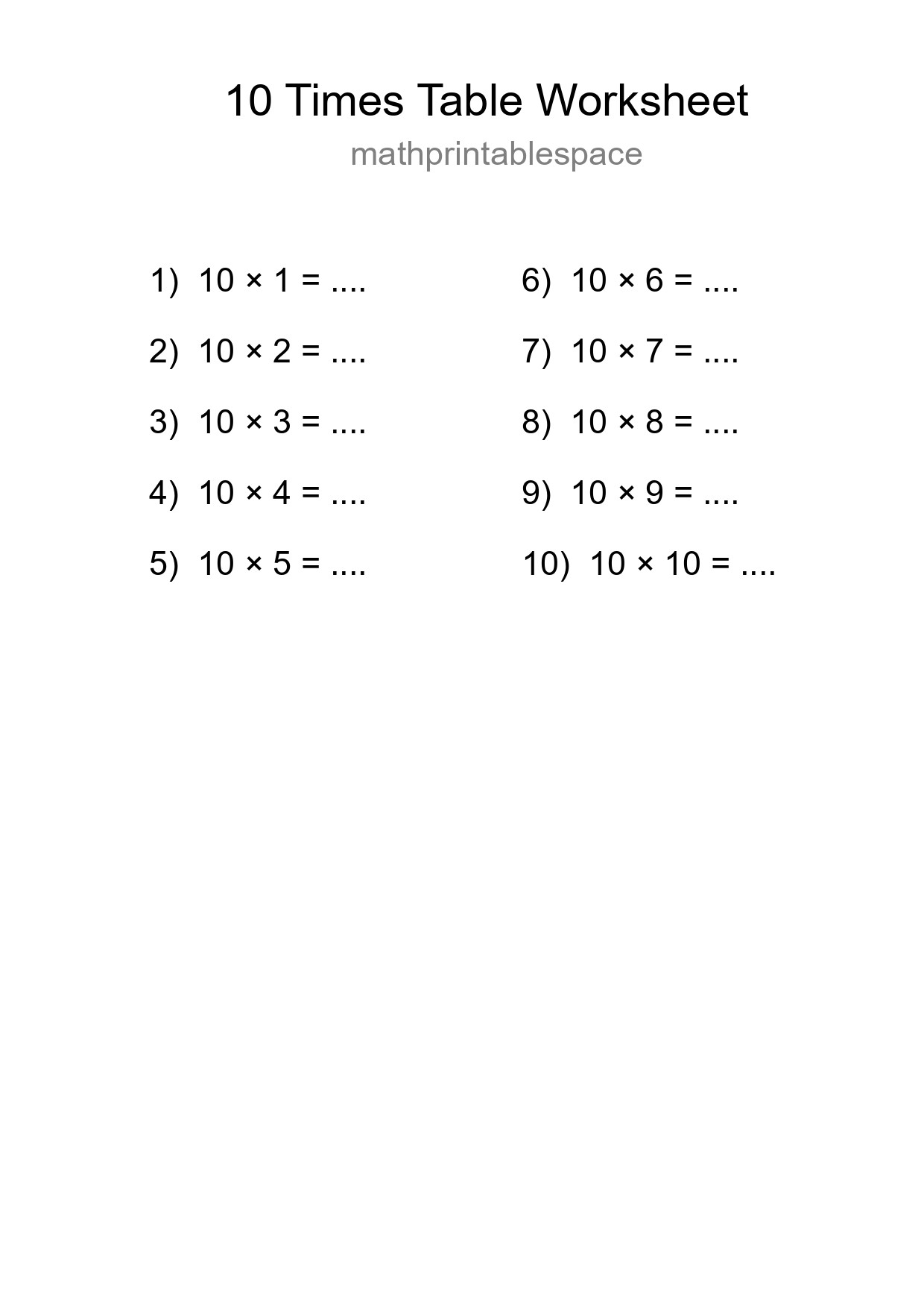 10 Times Table Worksheet For Grade 3 With Answers - Part 262