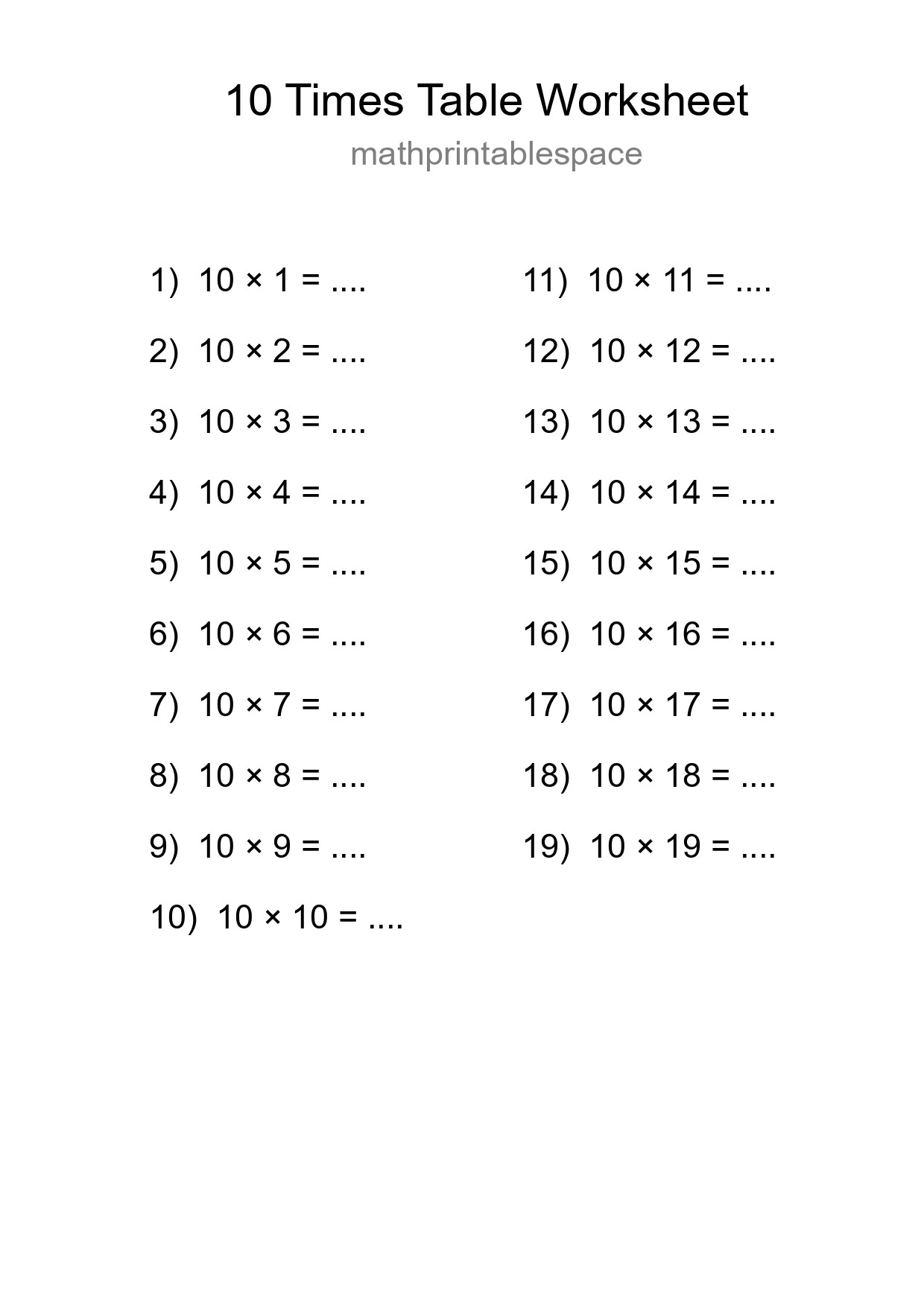 10 Times Table Worksheet For Grade 3 With Answers - Part 97