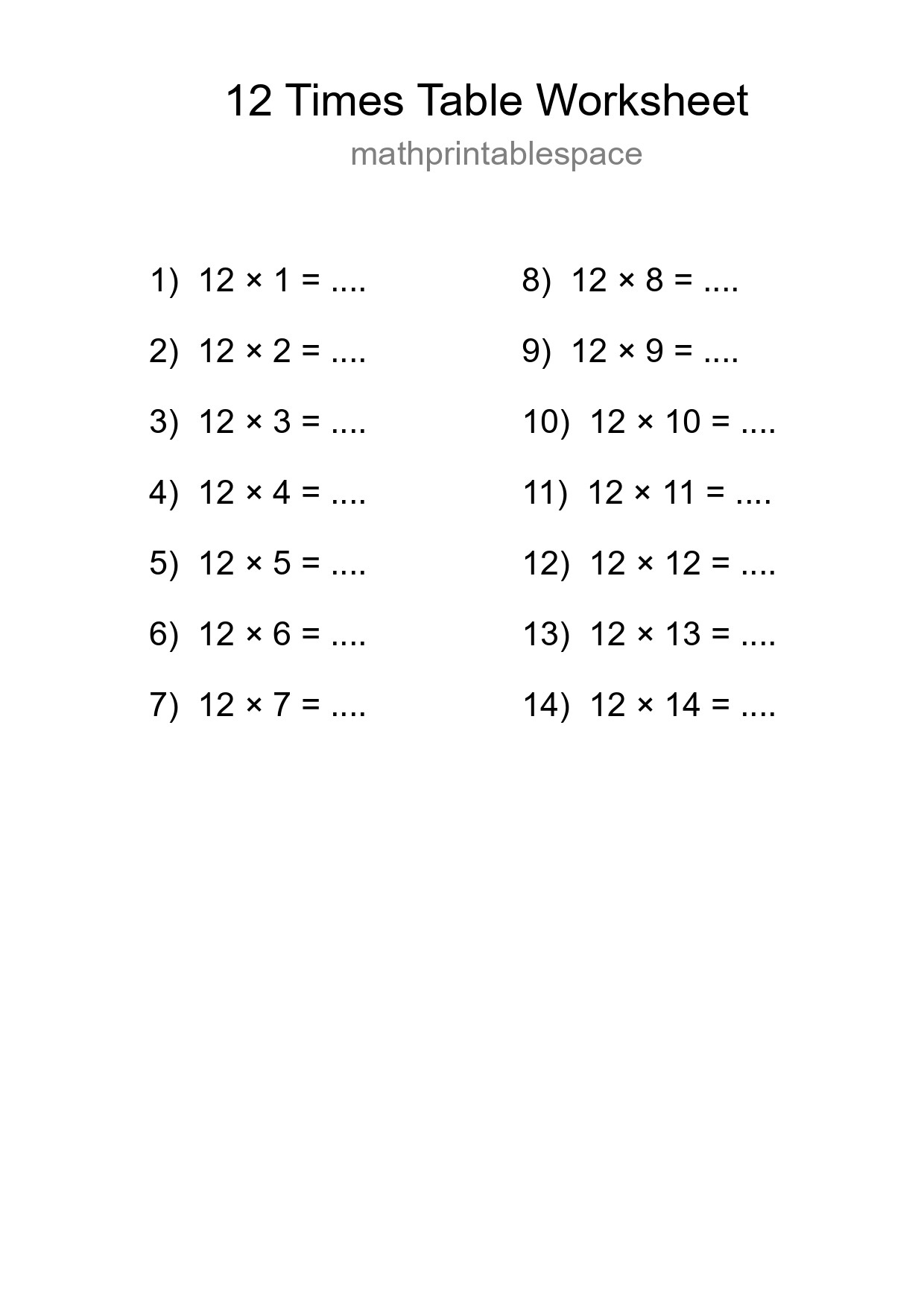 12 Times Table Worksheet For Grade 4 With Answers - Part 196