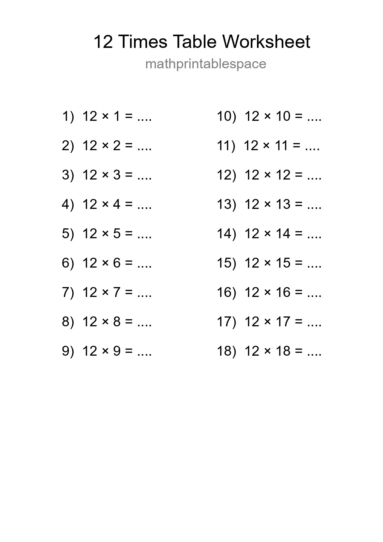12 Times Table Worksheet For Grade 4 With Answers - Part 251