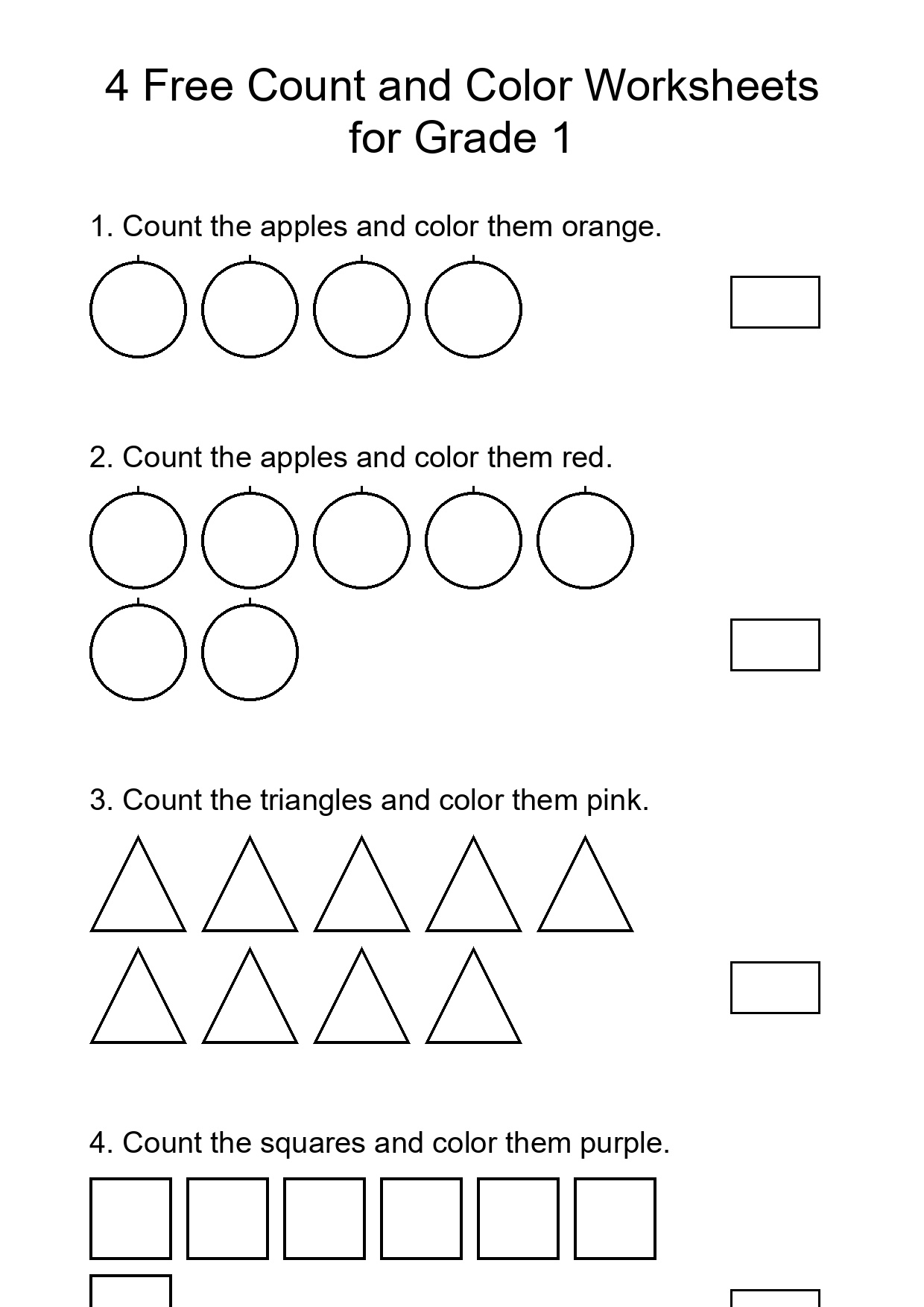 4 Free Count and Color Worksheets for Grade 1