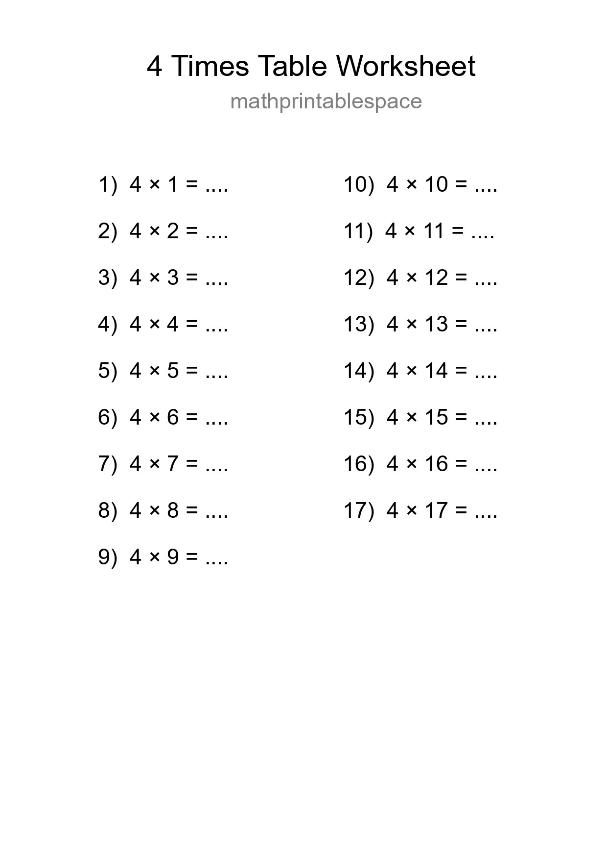 4 Times Table Worksheet For Grade 2 - Part 9
