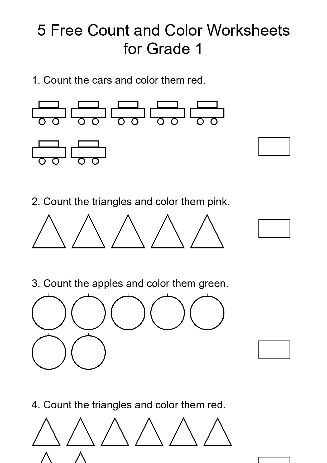5 Free Count and Color Worksheets for Grade 1