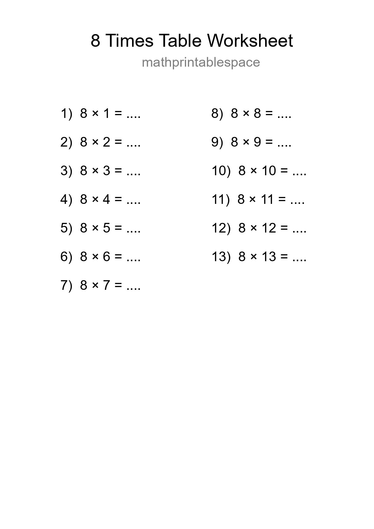 8 Times Table Worksheet For Grade 3 - Part 141
