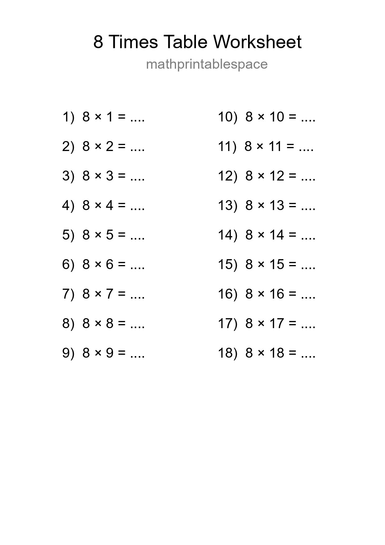 8 Times Table Worksheet For Grade 3 - Part 229