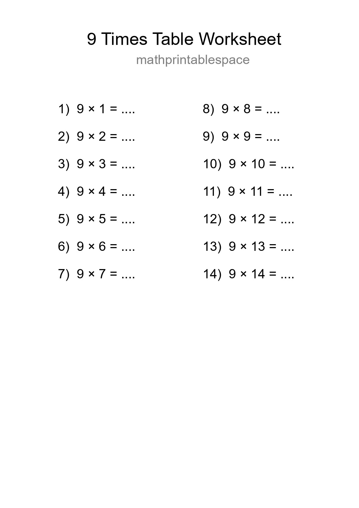 9 Times Table Worksheet For Grade 3 - Part 42