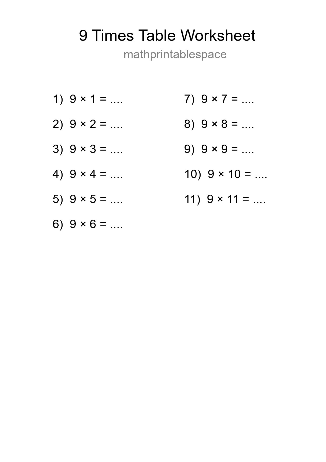 9 Times Table Worksheet For Grade 3 With Answers - Part 240