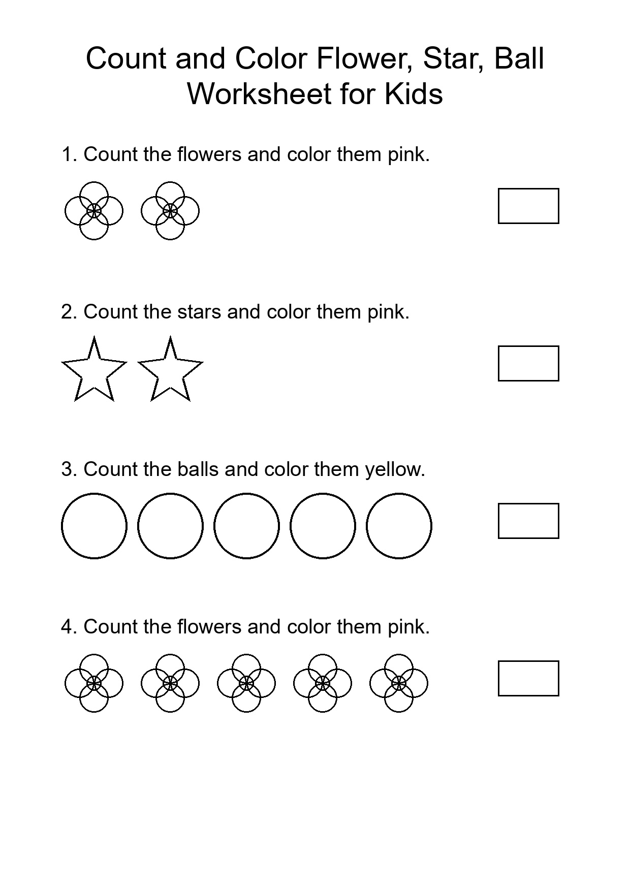 Count and Color Flower, Star, Ball Worksheet for Kids
