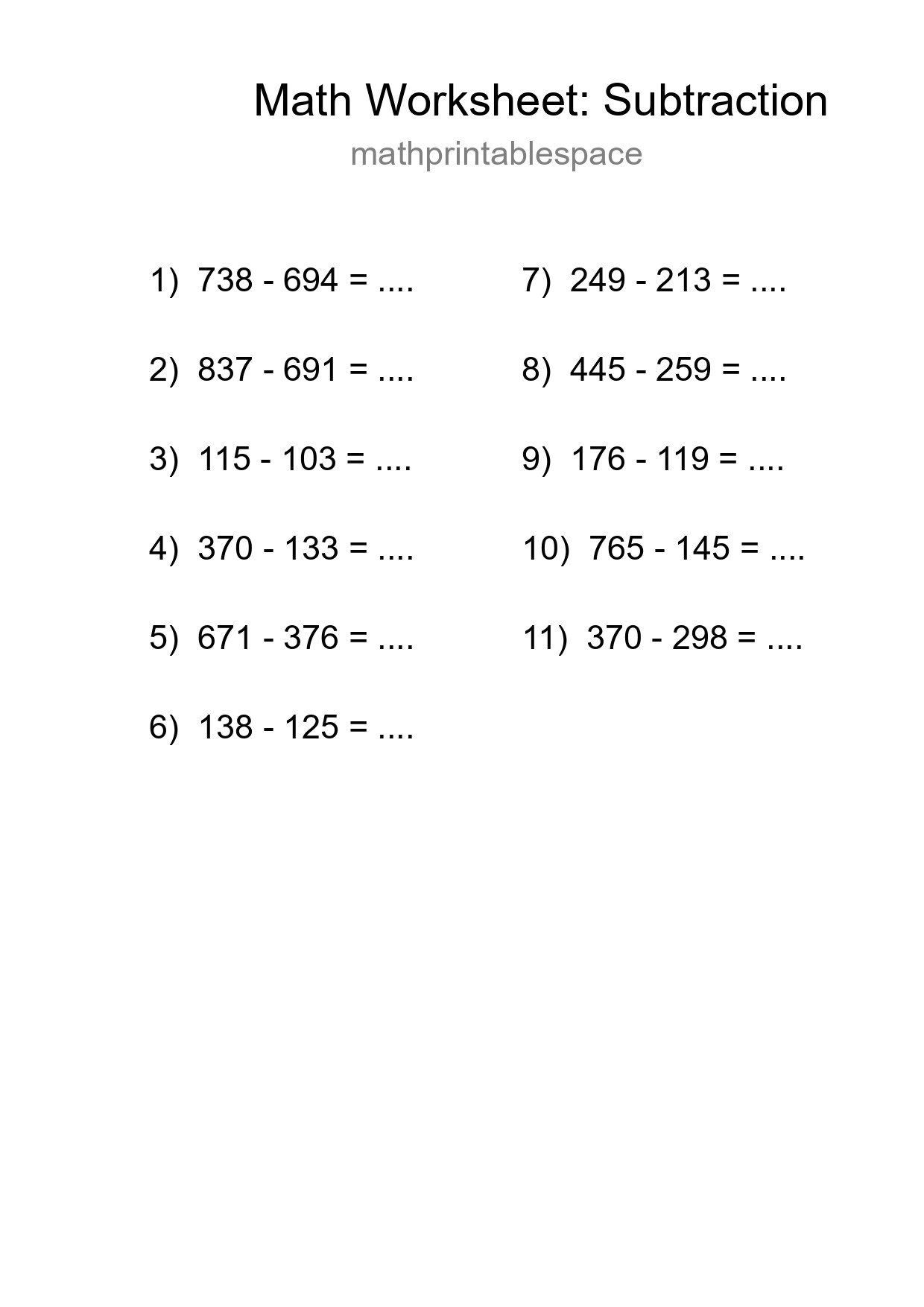 Free 11 Subtraction Math Worksheet For Grade 5 - Part 206