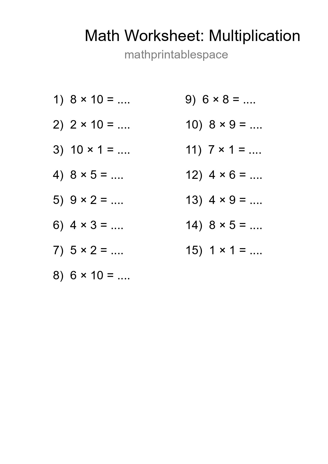 Free 15 Multiplication Math Worksheet For Grade 1 With Answers - Part 51