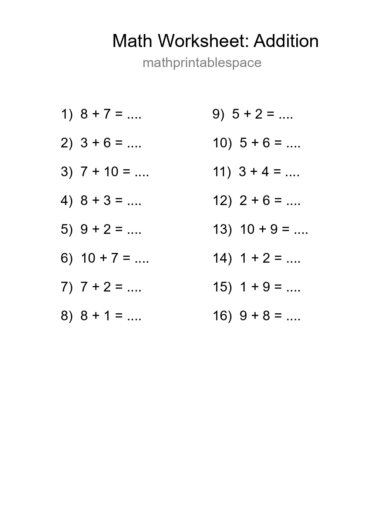Free 16 Addition Math Worksheet For Grade 1 - Part 298