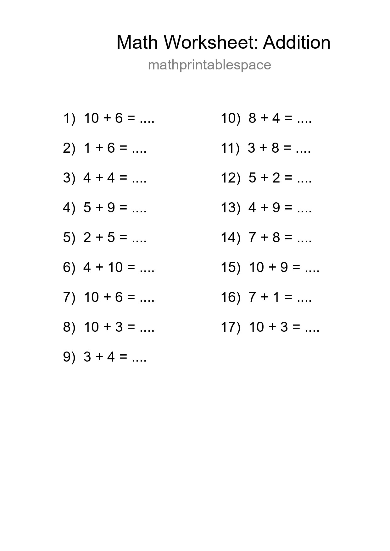 Free 17 Addition Math Worksheet For Grade 1 - Part 243