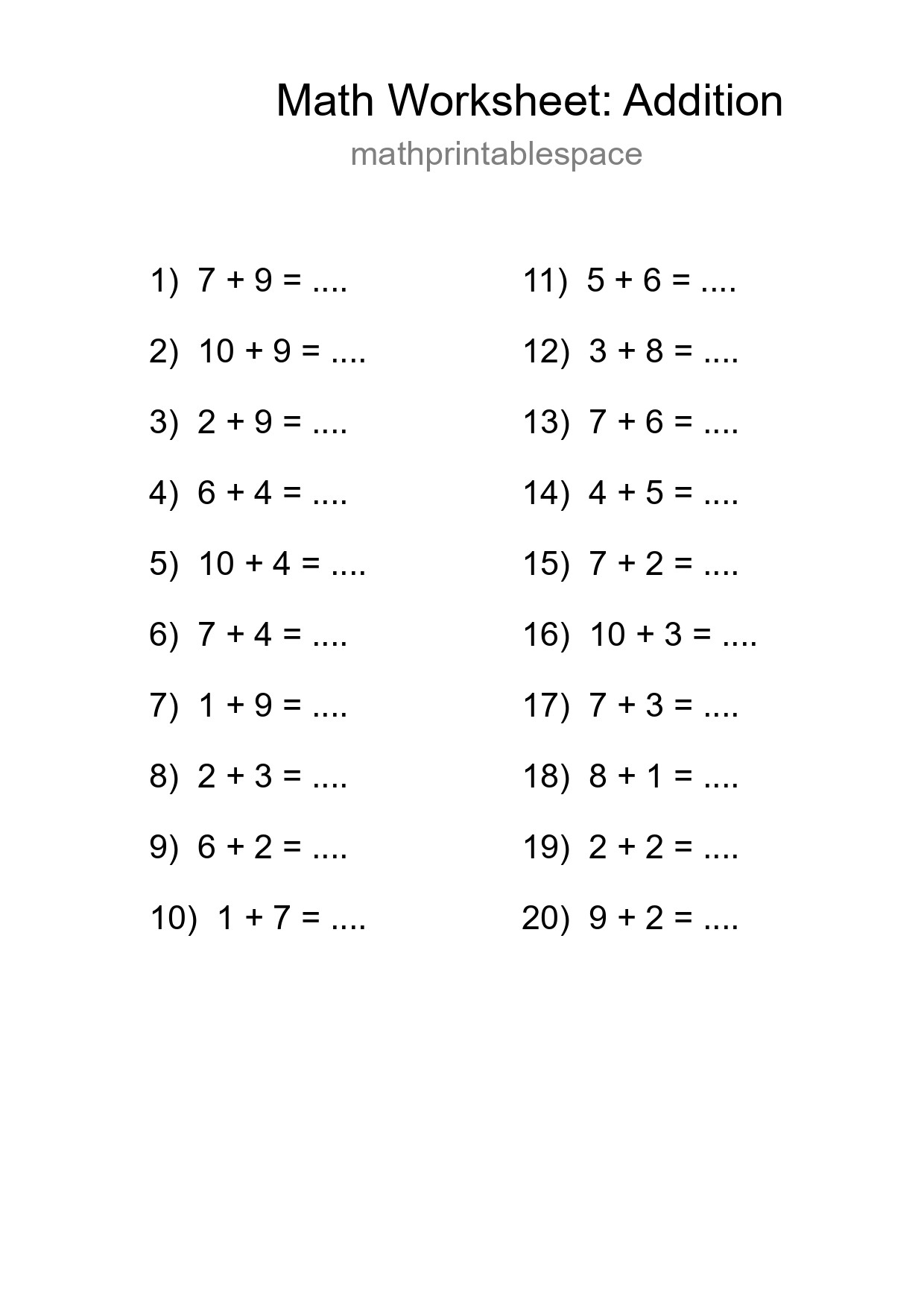 Free 20 Addition Math Worksheet For Grade 1 - Part 177