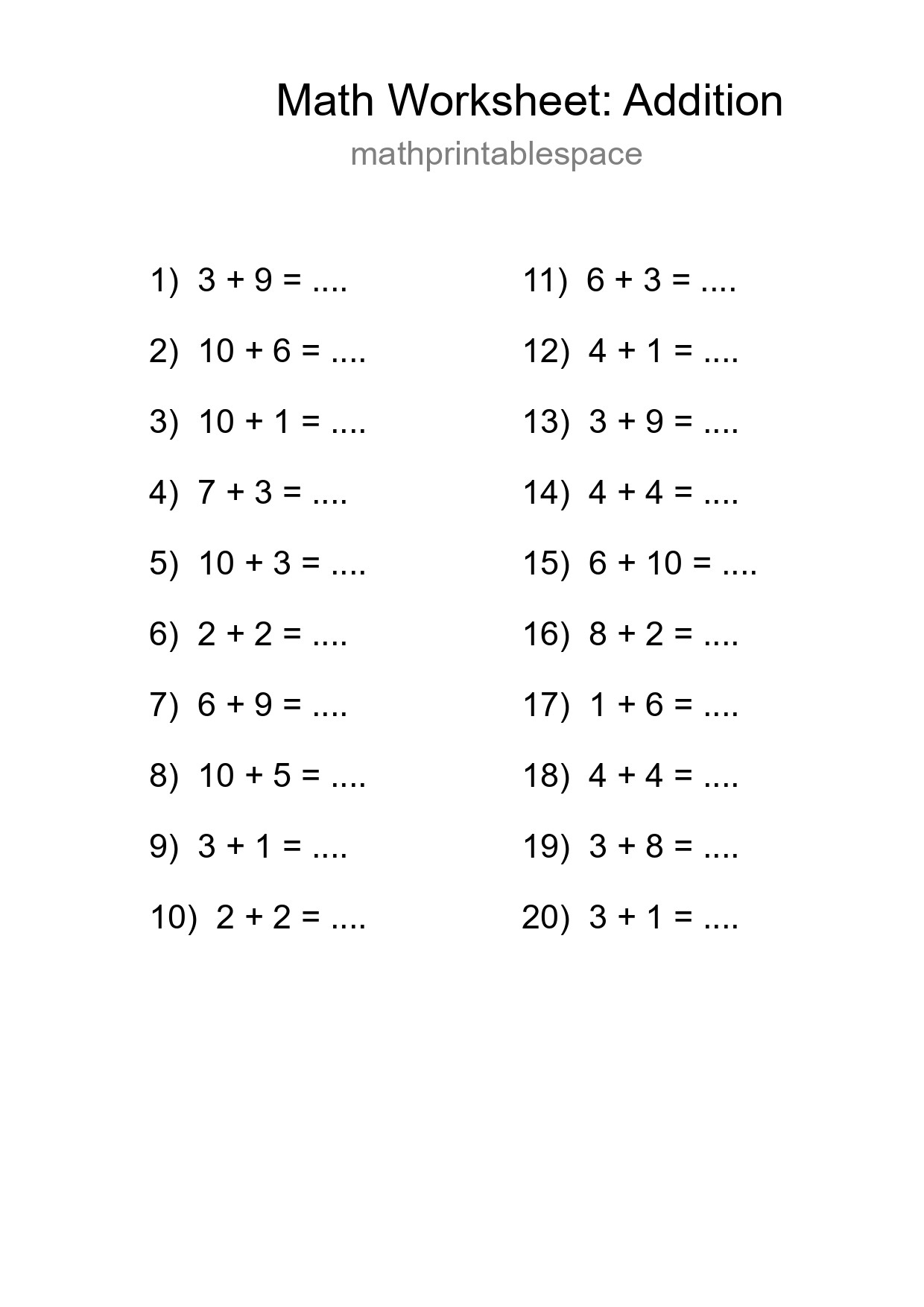 Free 20 Addition Math Worksheet For Grade 1 With Answers - Part 34