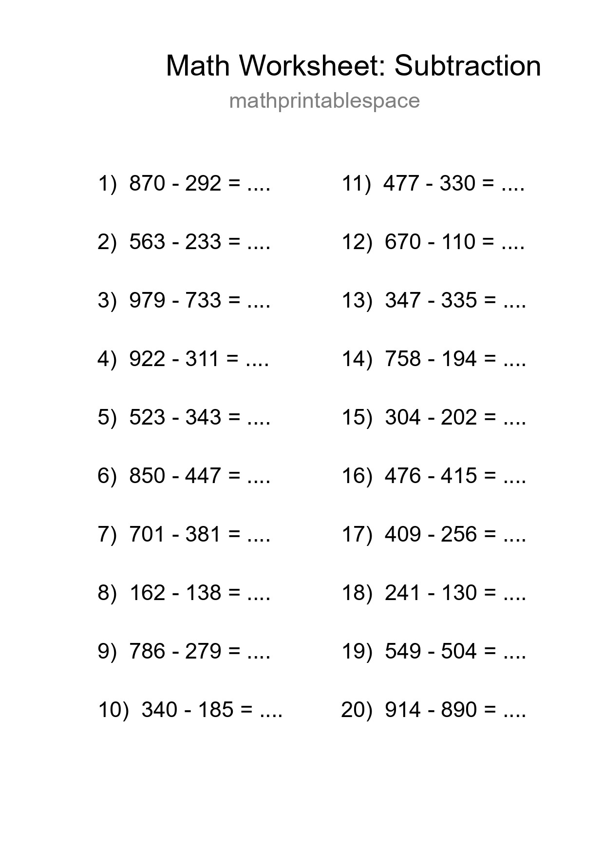 Free 20 Subtraction Math Worksheet For Grade 5 - Part 52
