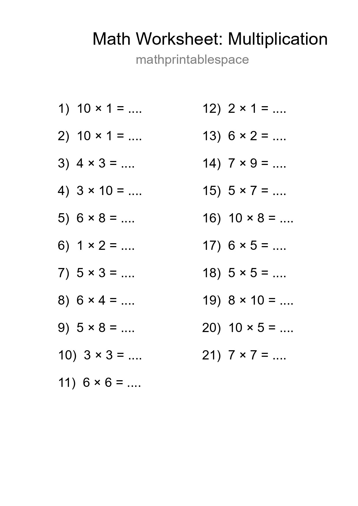 Free 21 Multiplication Math Worksheet For Grade 1 With Answers - Part 205