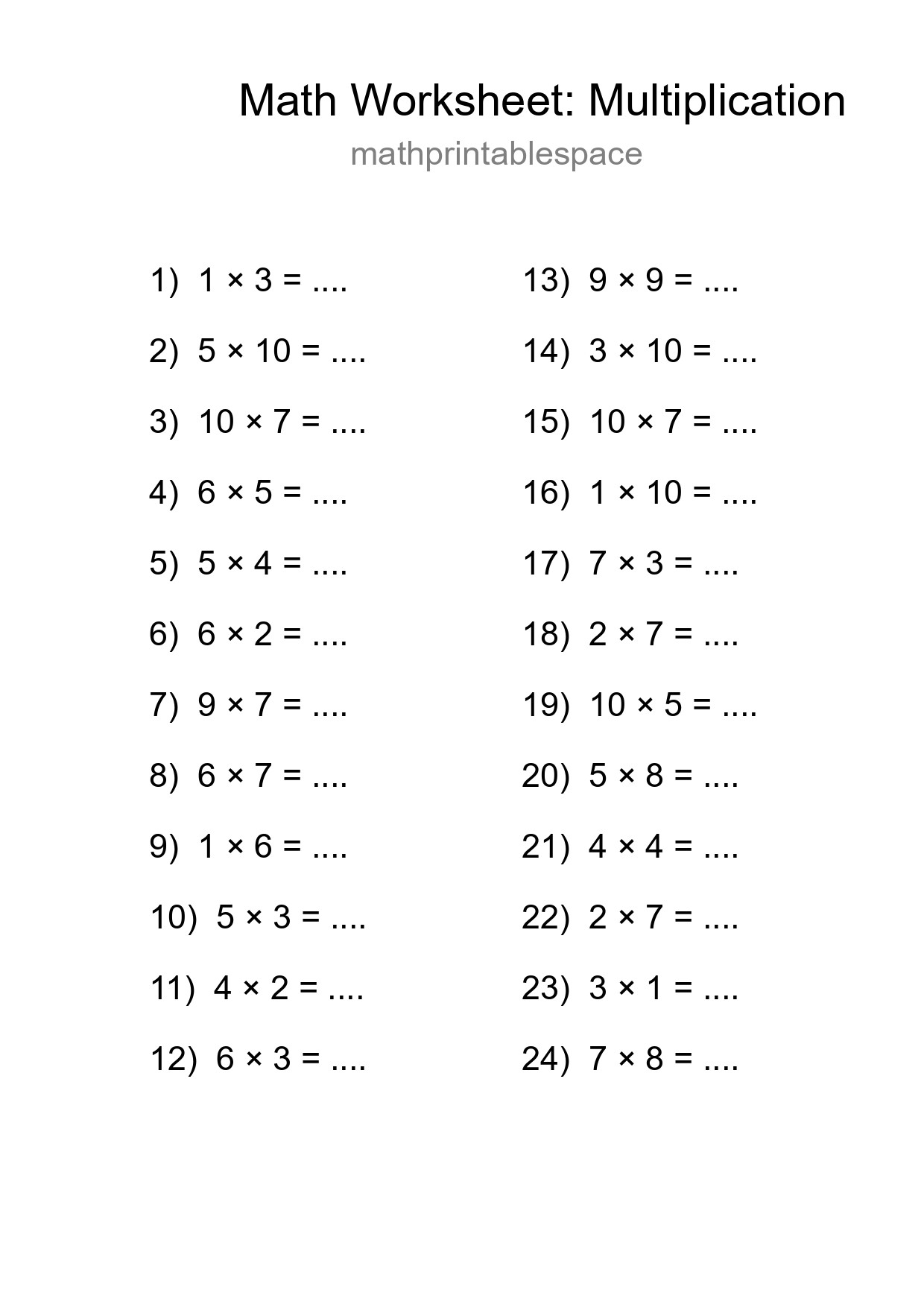 Free 24 Multiplication Math Worksheet For Grade 1 With Answers - Part 7