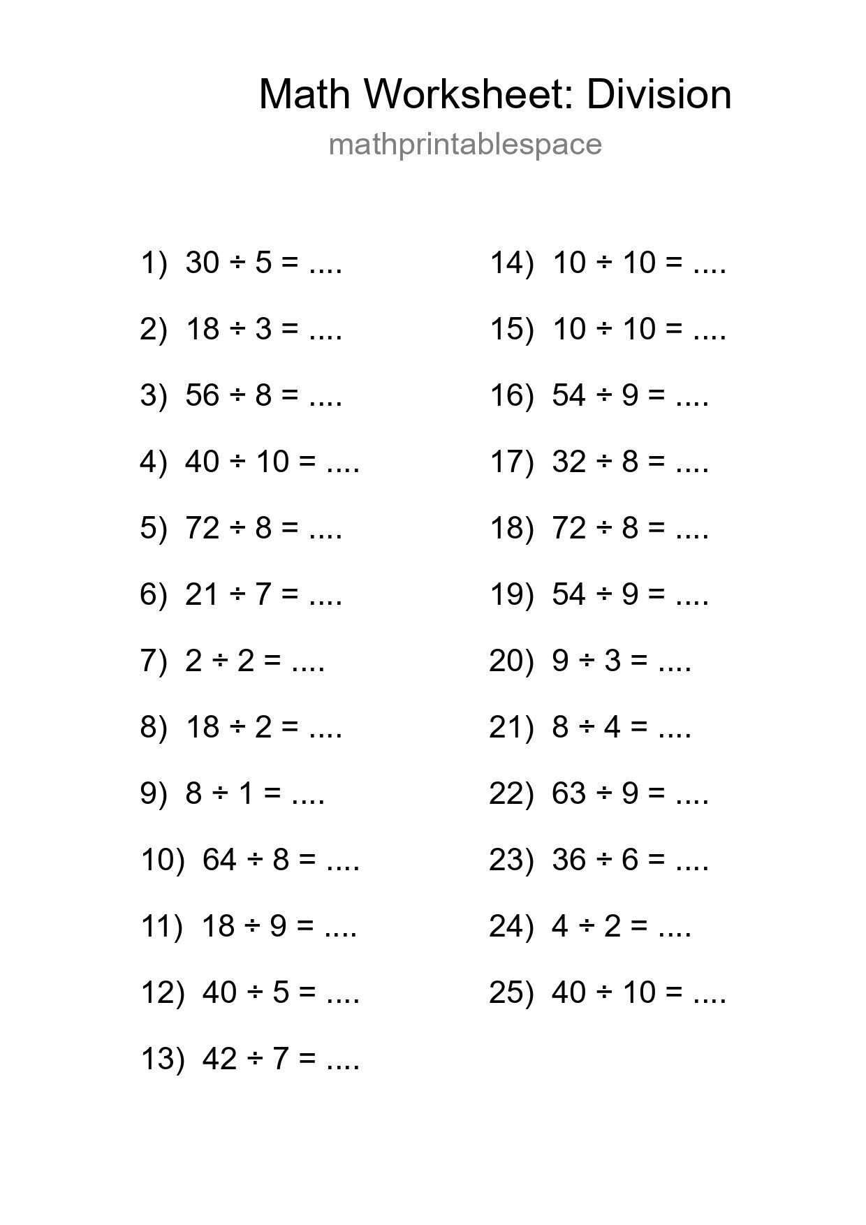Free 25 Division Math Worksheet For Grade 1 - Part 48