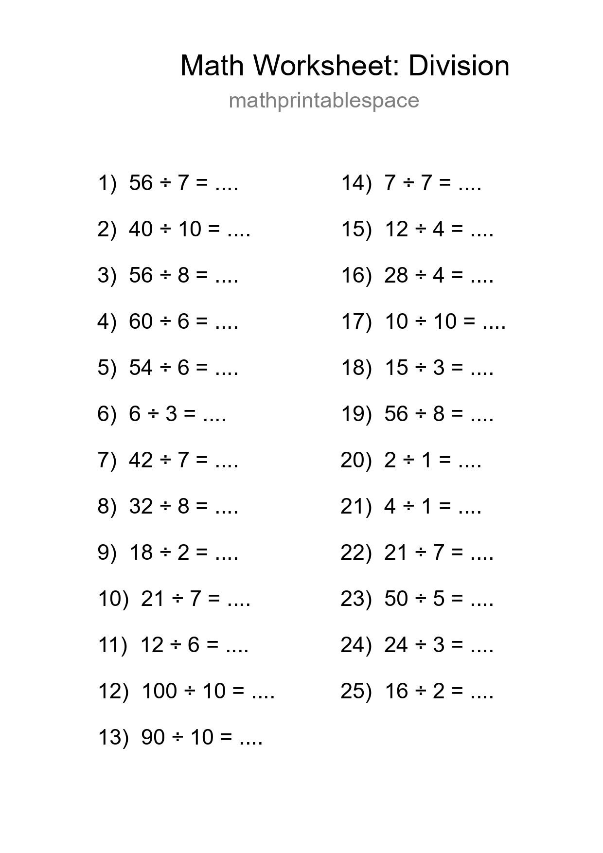 Free 25 Division Math Worksheet For Grade 1 With Answers - Part 136