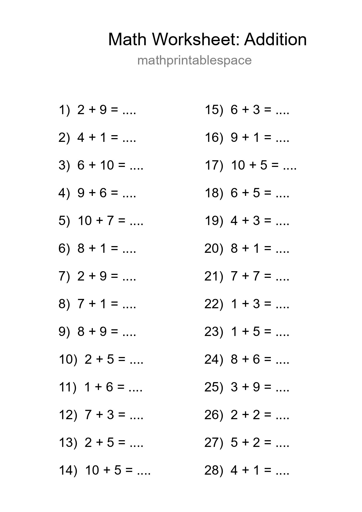 Free 28 Addition Math Worksheet For Grade 1 - Part 12