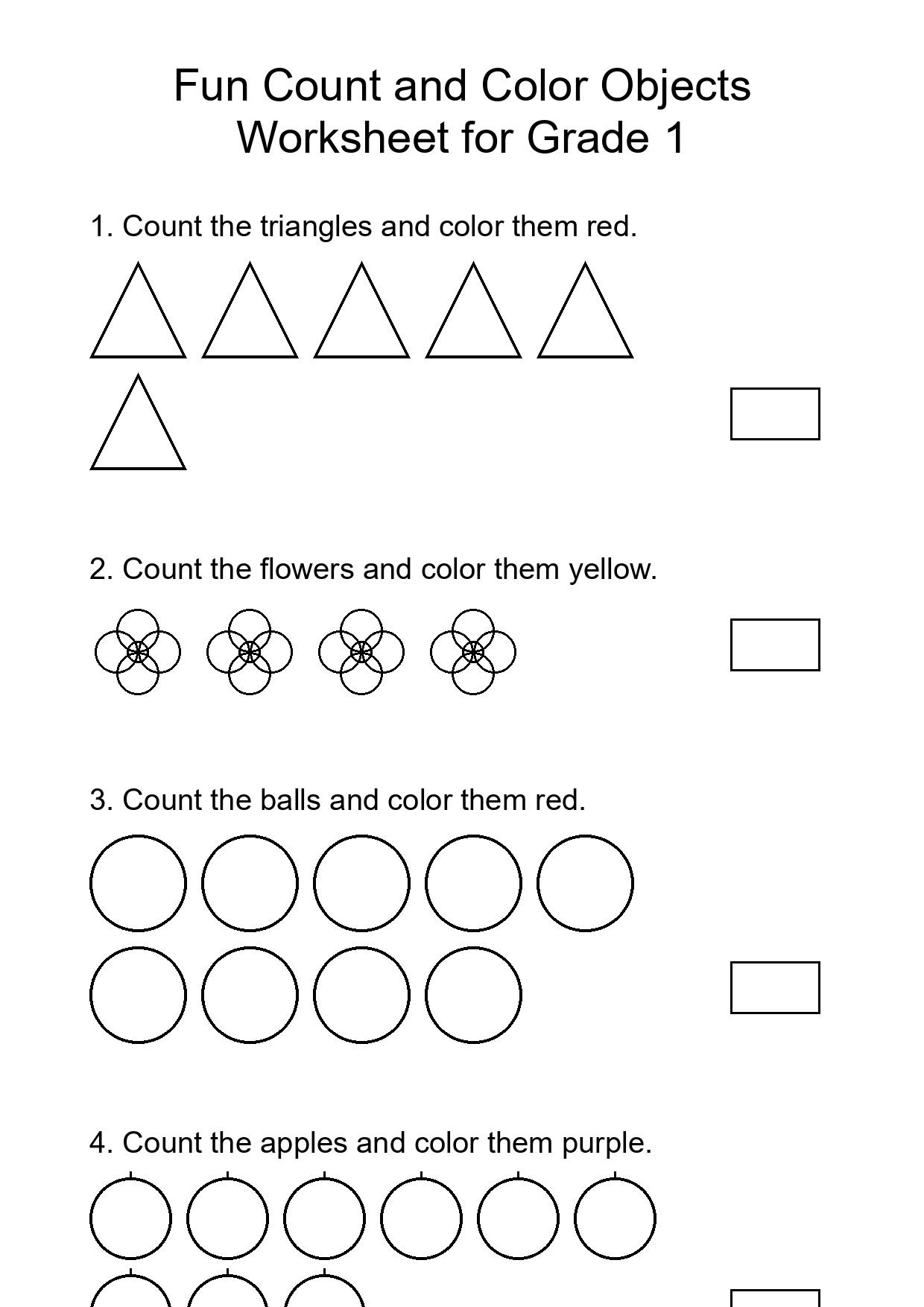 Fun Count and Color Objects Worksheet for Grade 1