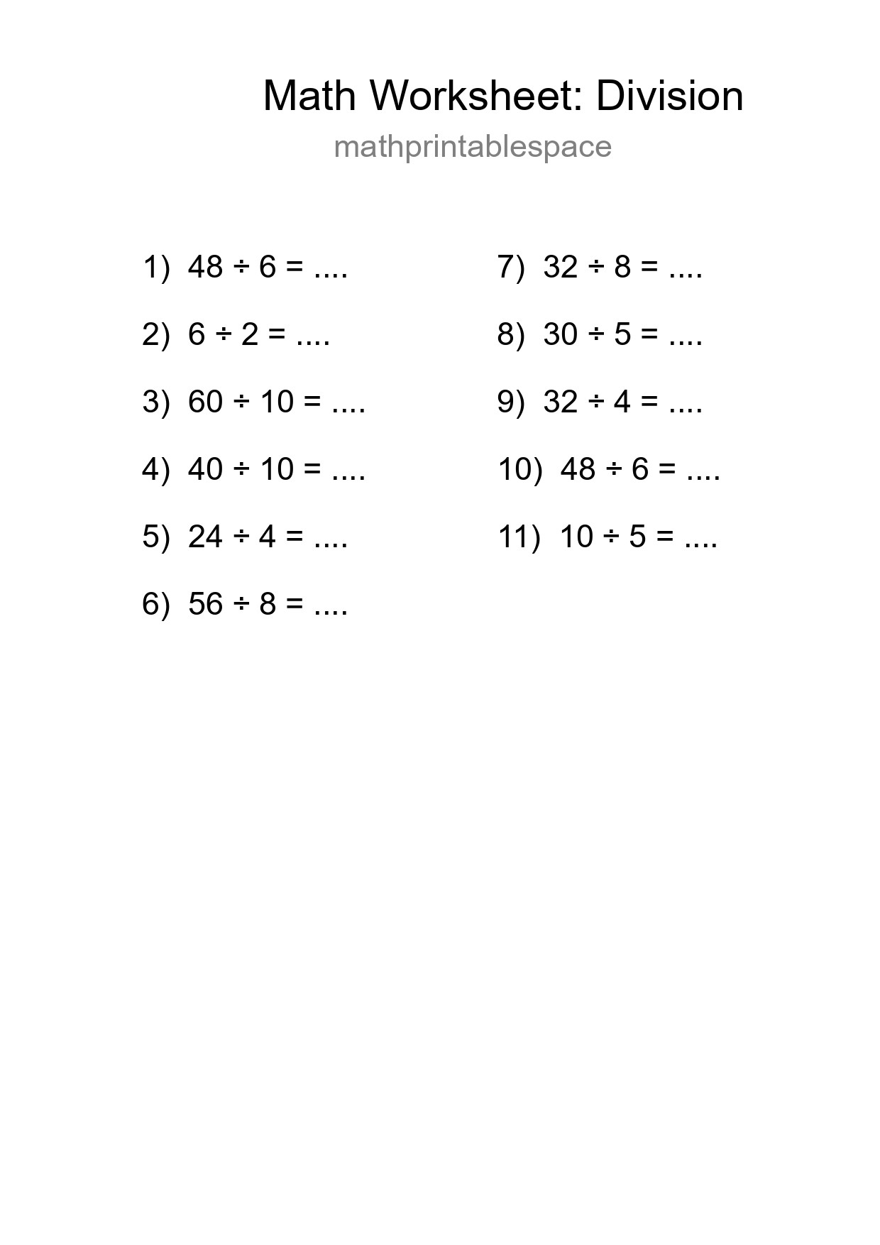Grade 1 Division Practice Worksheet (11 Problems) - Part 202