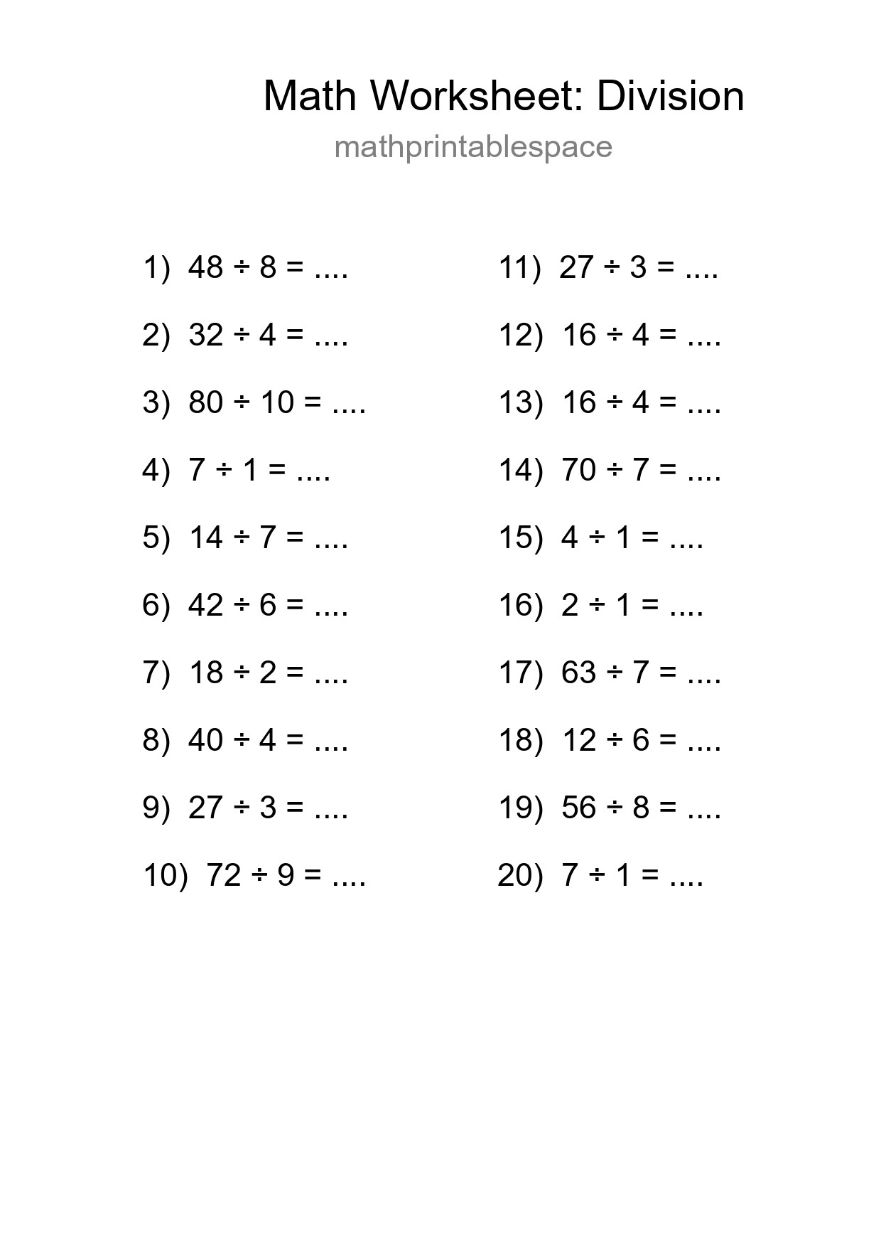 Grade 1 Division Practice Worksheet (20 Problems) - Part 246