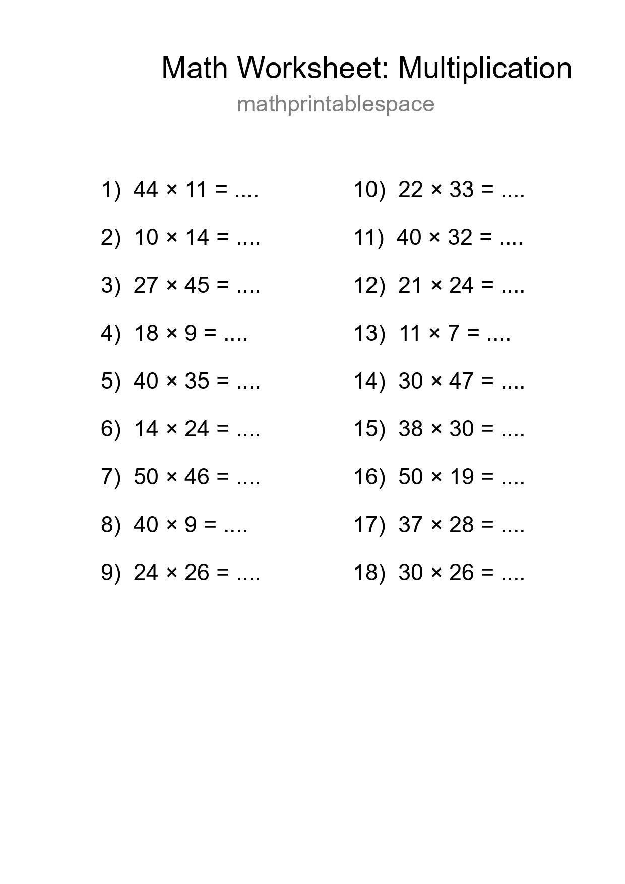 Grade 2 Multiplication Practice Worksheet (18 Problems) - Part 73