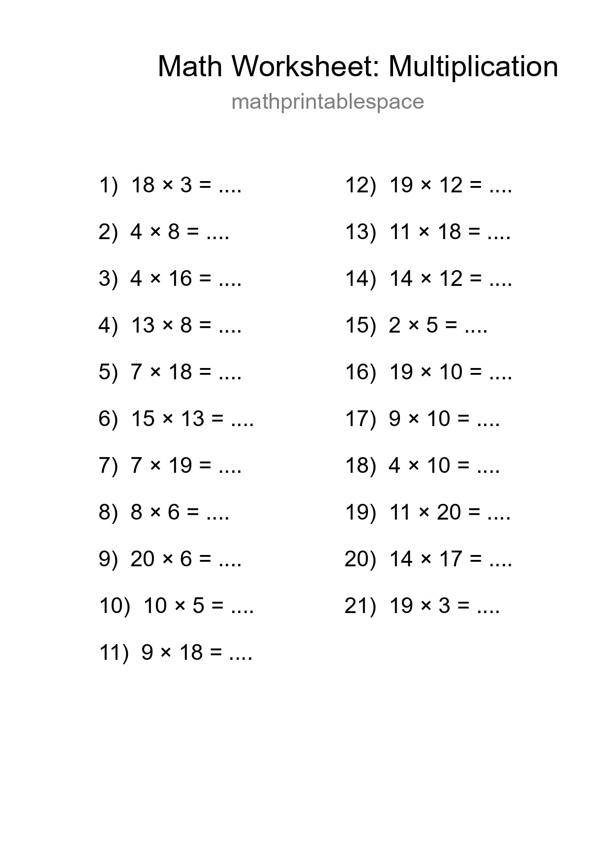 Grade 2 Multiplication Practice Worksheet (21 Problems) - Part 194