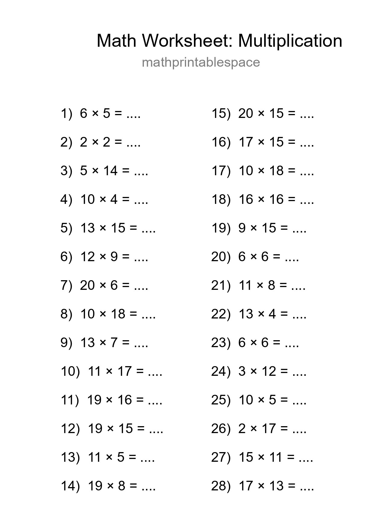 Grade 2 Multiplication Practice Worksheet (28 Problems) - Part 95