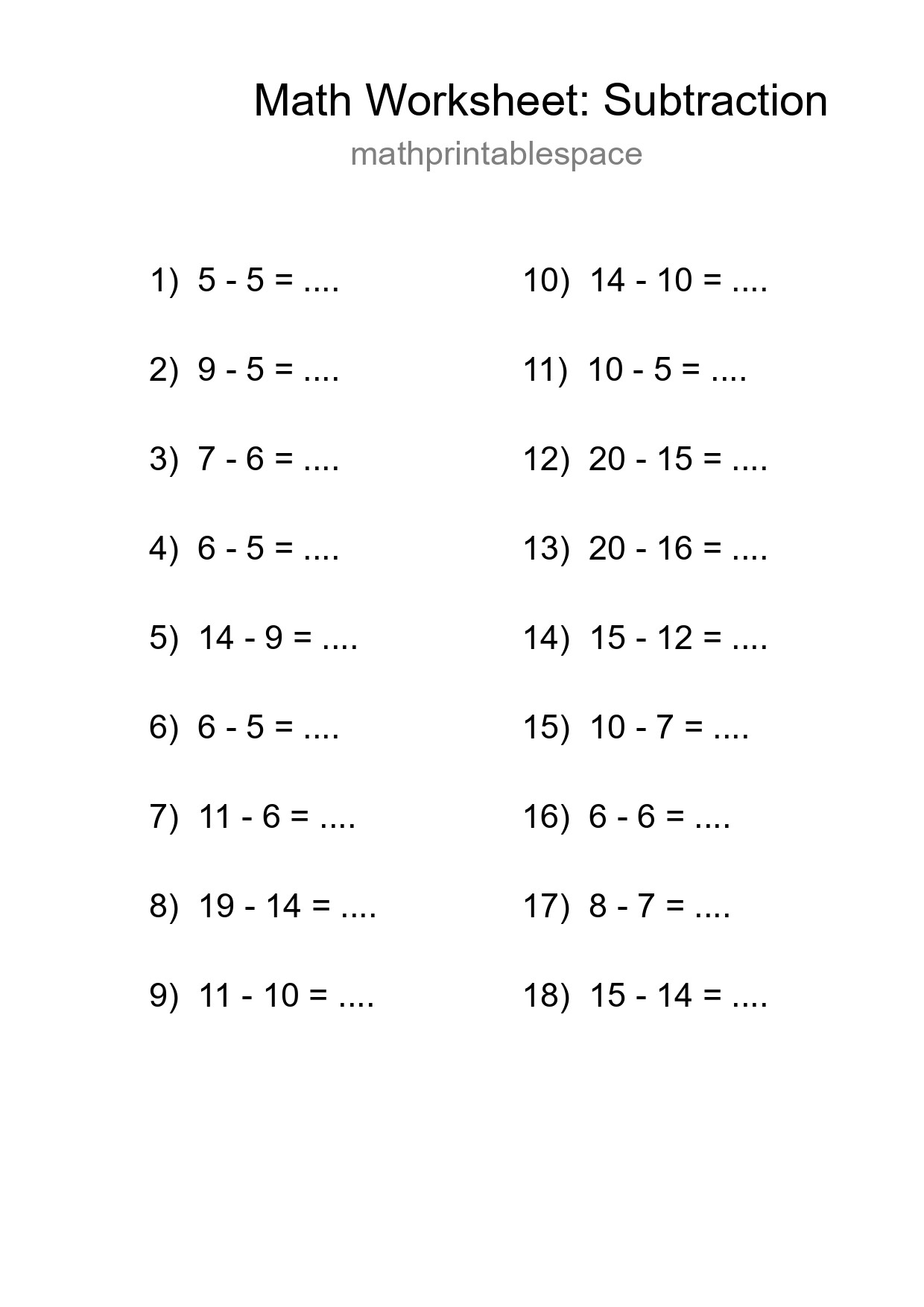 Grade 2 Subtraction Practice Worksheet (18 Problems) - Part 184