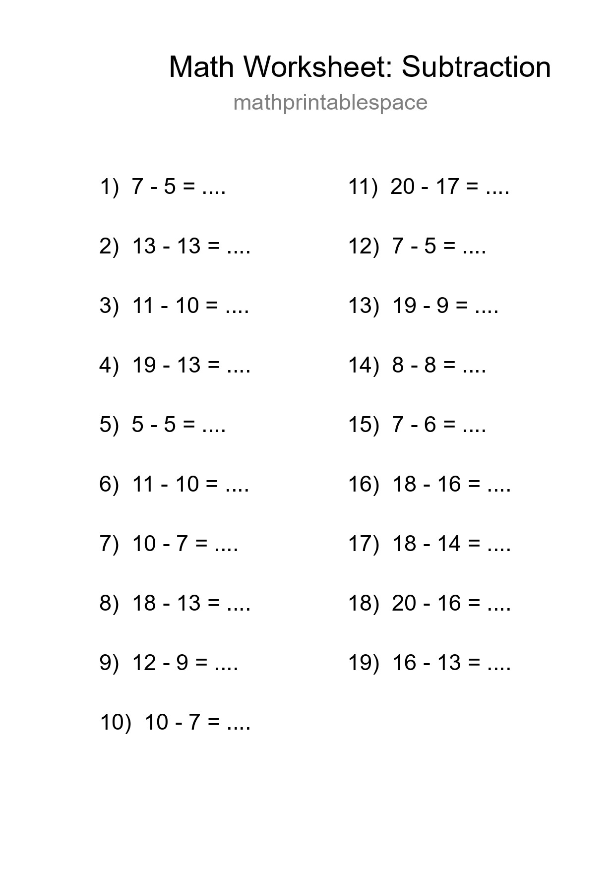 Grade 2 Subtraction Practice Worksheet (19 Problems) - Part 41