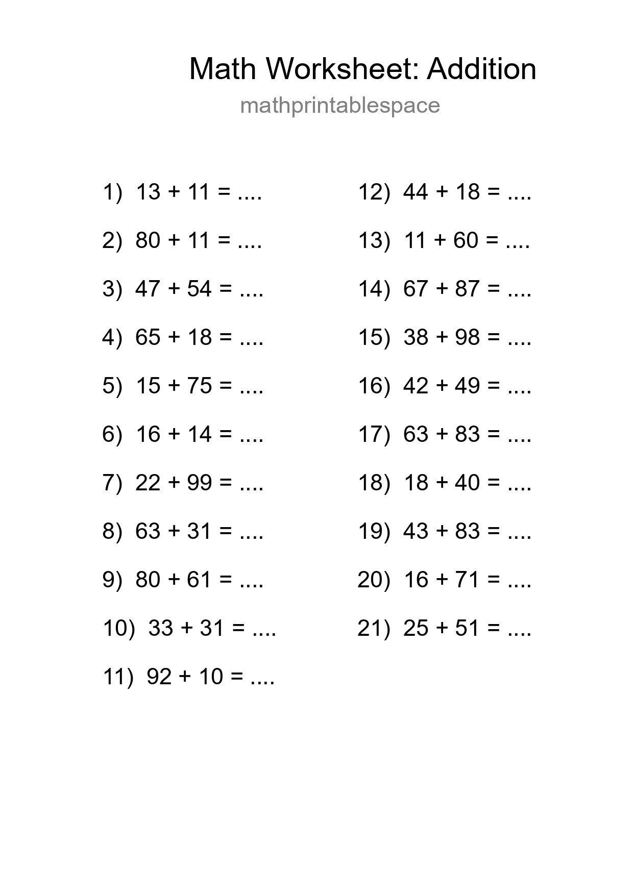 Grade 3 Addition Practice Worksheet (21 Problems) - Part 287