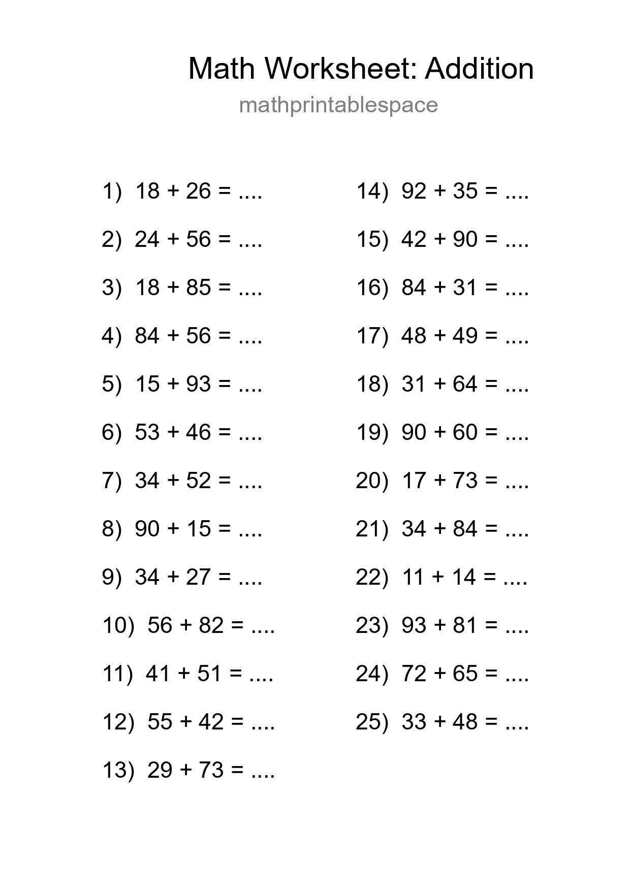 Grade 3 Addition Practice Worksheet (25 Problems) - Part 23
