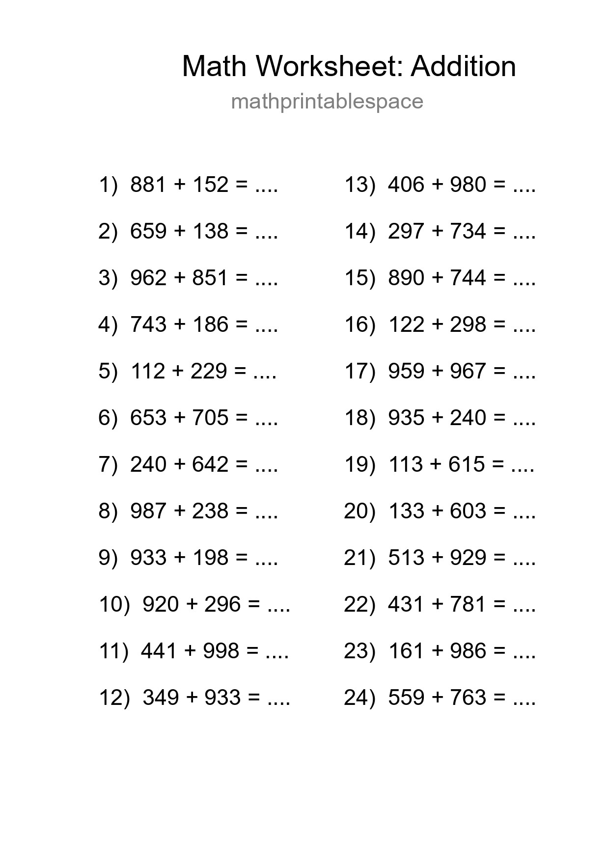 Grade 5 Addition Practice Worksheet (24 Problems) - Part 210