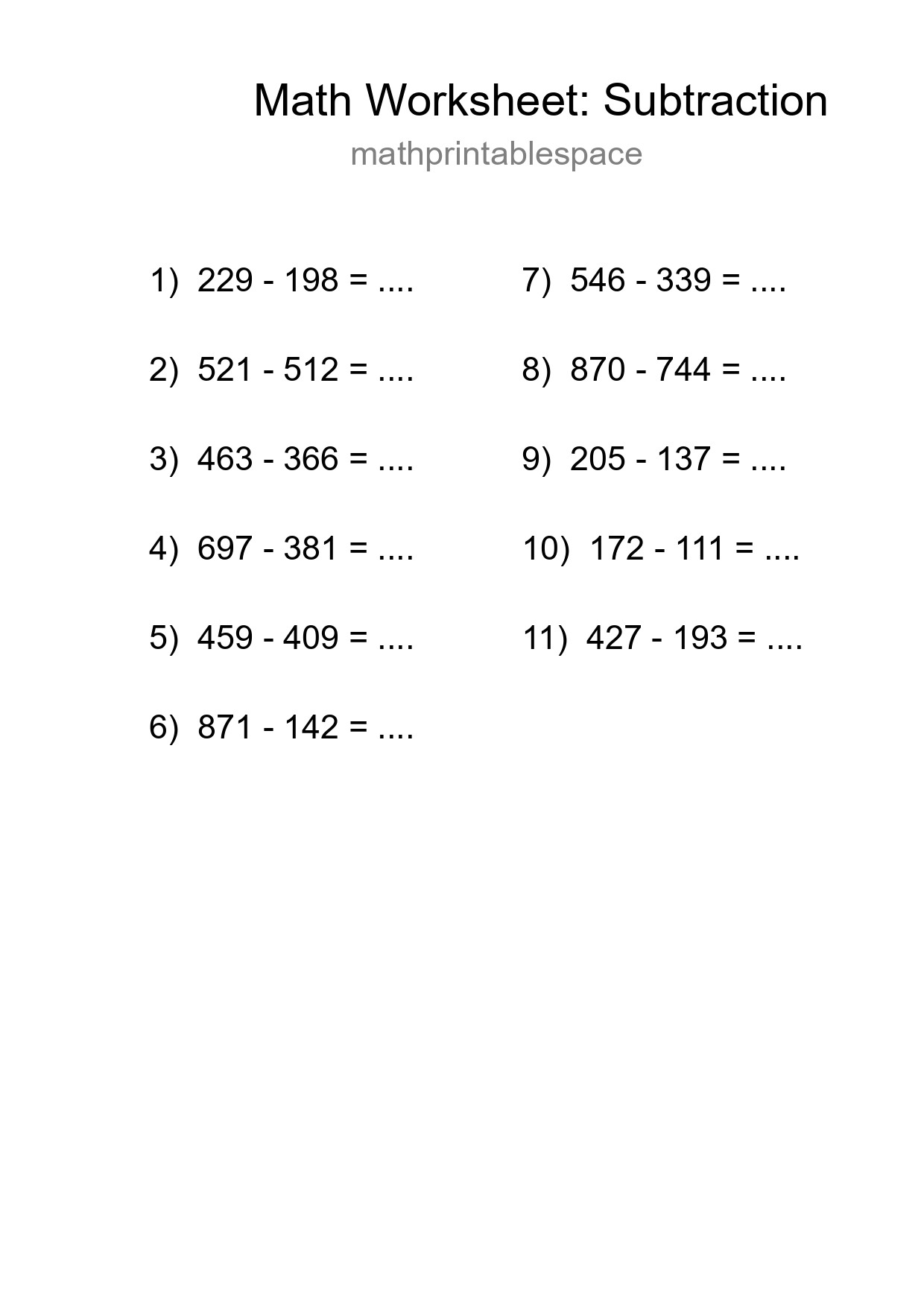 Grade 5 Subtraction Practice Worksheet (11 Problems) - Part 151