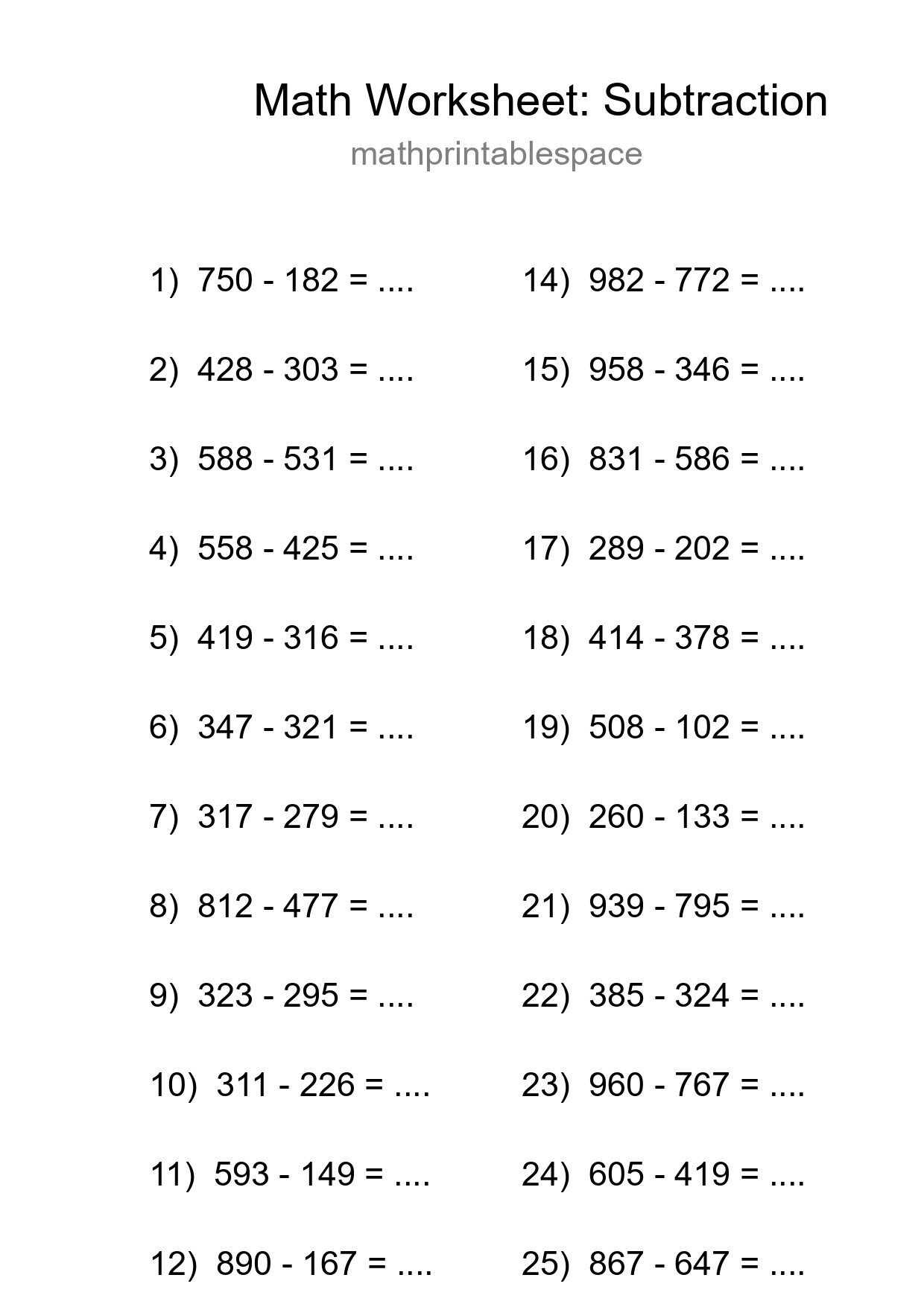 Grade 5 Subtraction Practice Worksheet (25 Problems) - Part 96