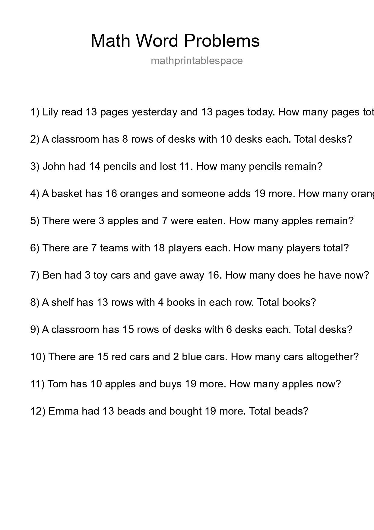 Math Word Problem Worksheet