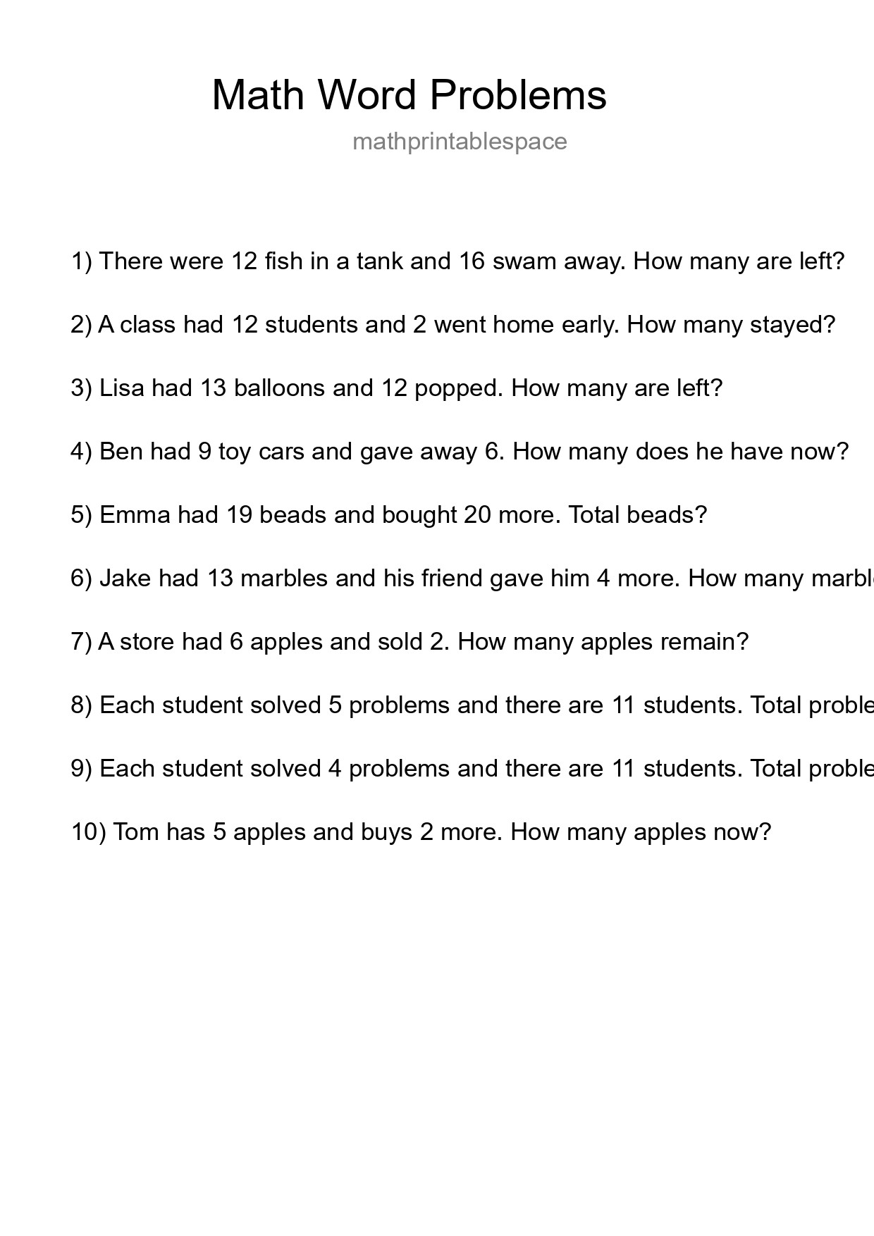 Math Word Problem Worksheet