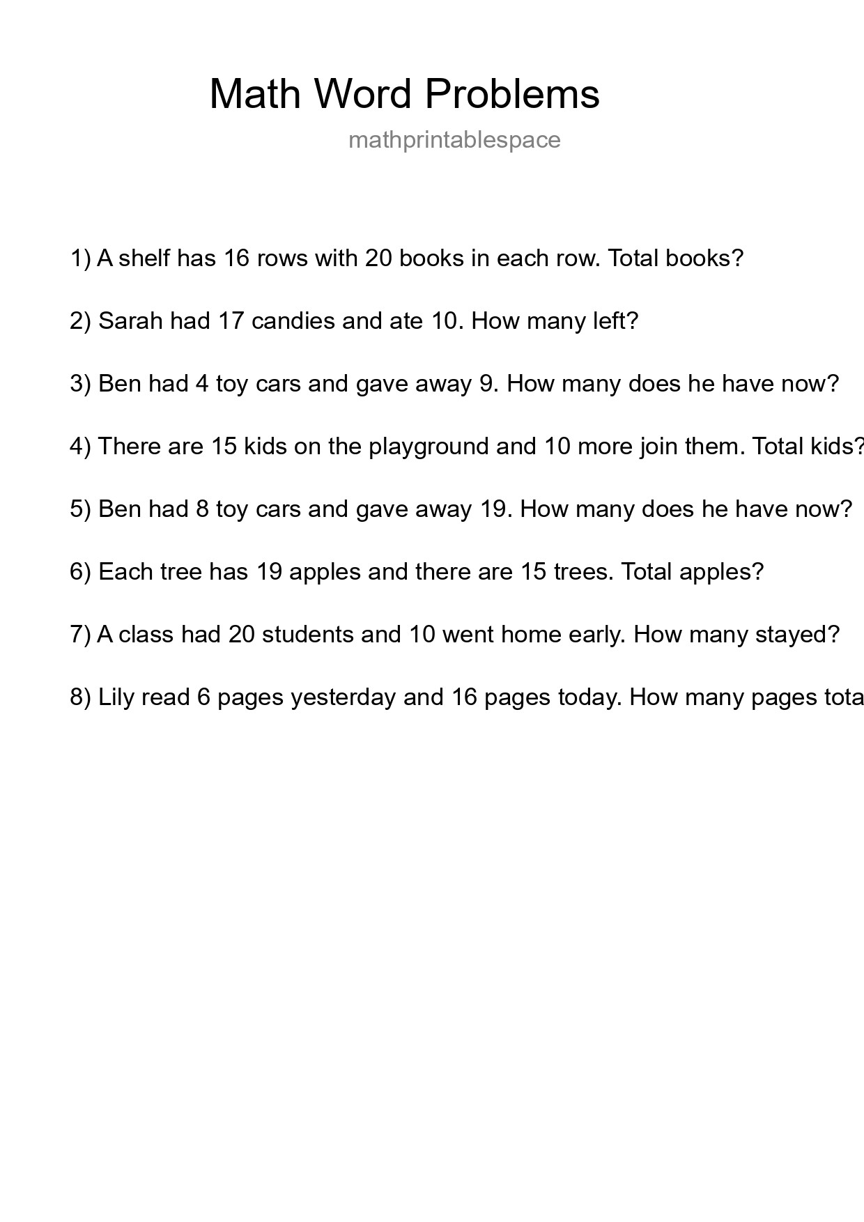 Math Word Problem Worksheet