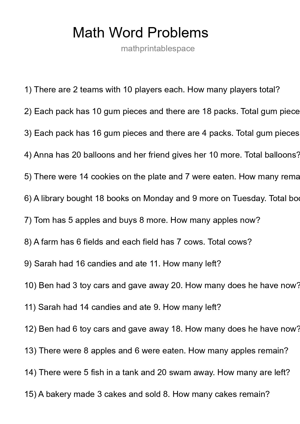 Math Word Problem Worksheet