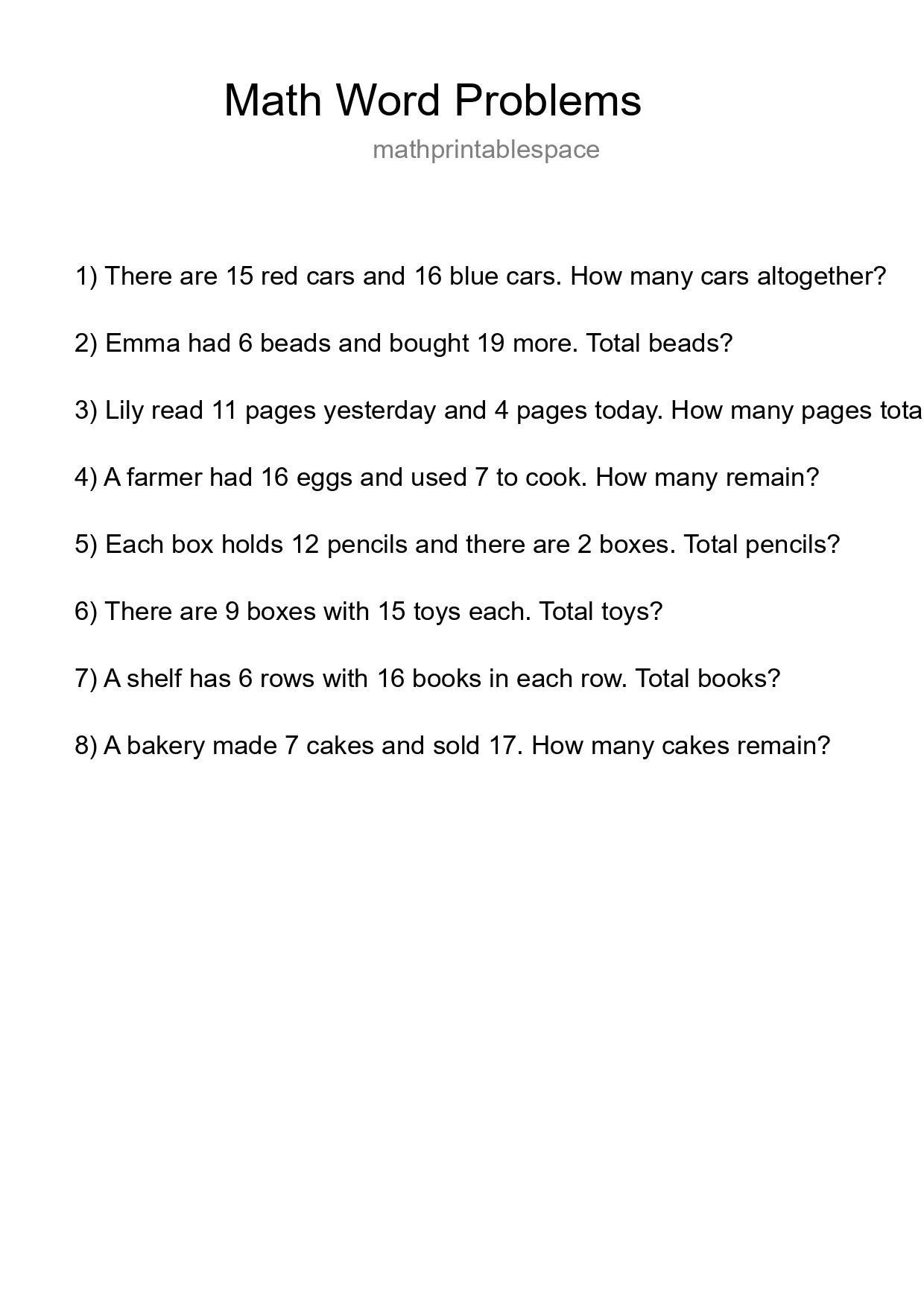 Math Word Problem Worksheet