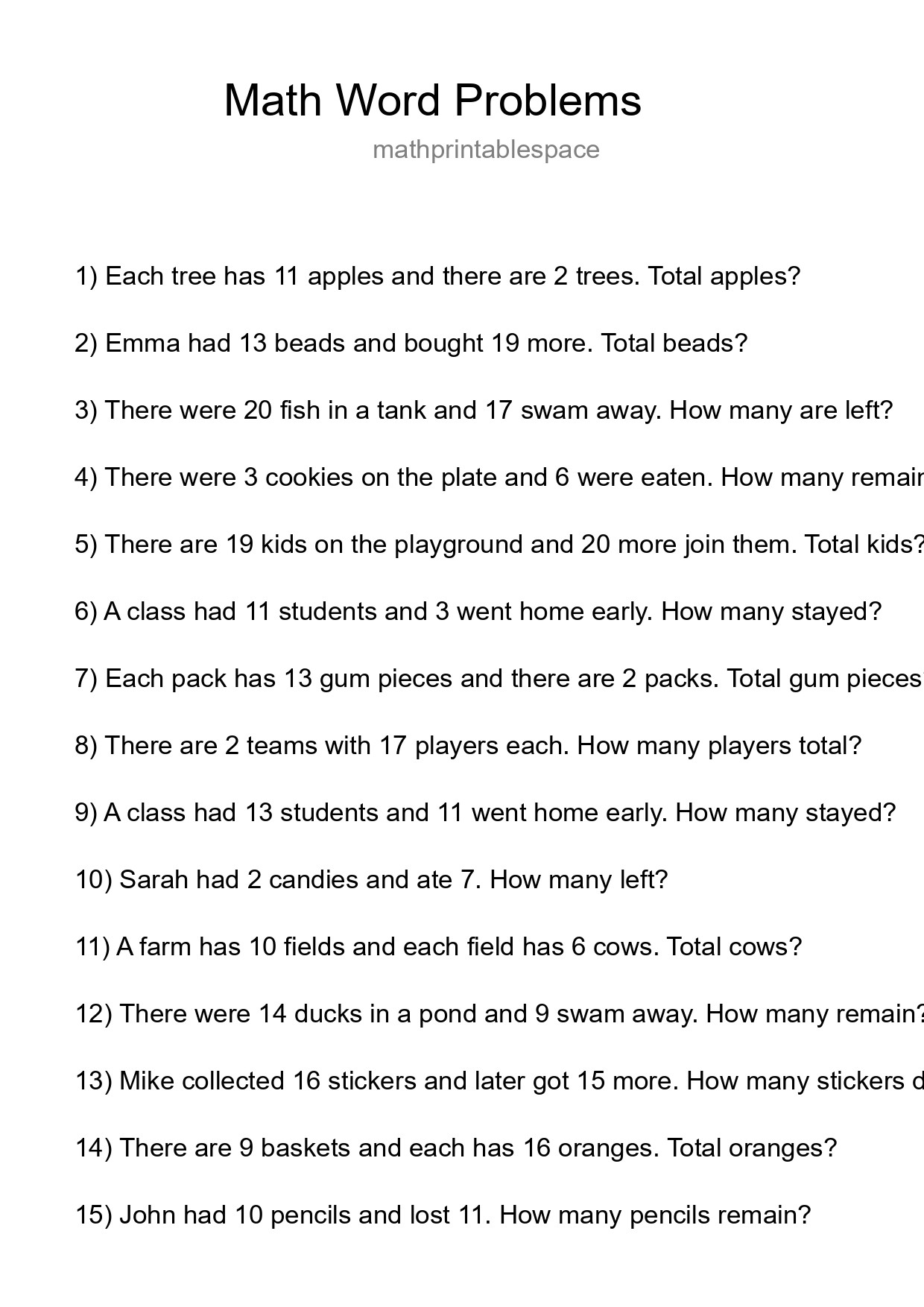 Math Word Problem Worksheet