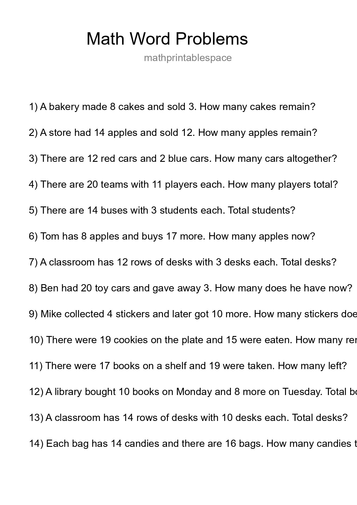 Math Word Problem Worksheet