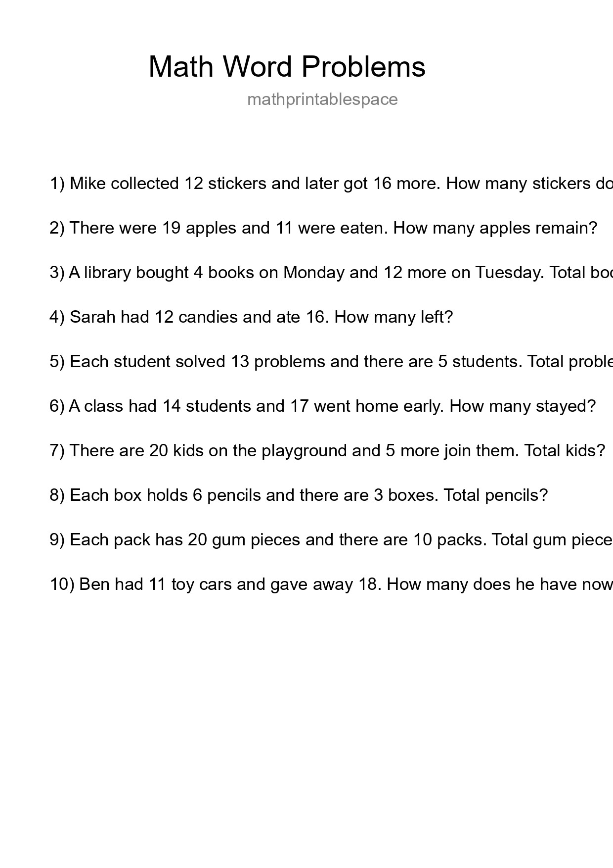 Math Word Problem Worksheet