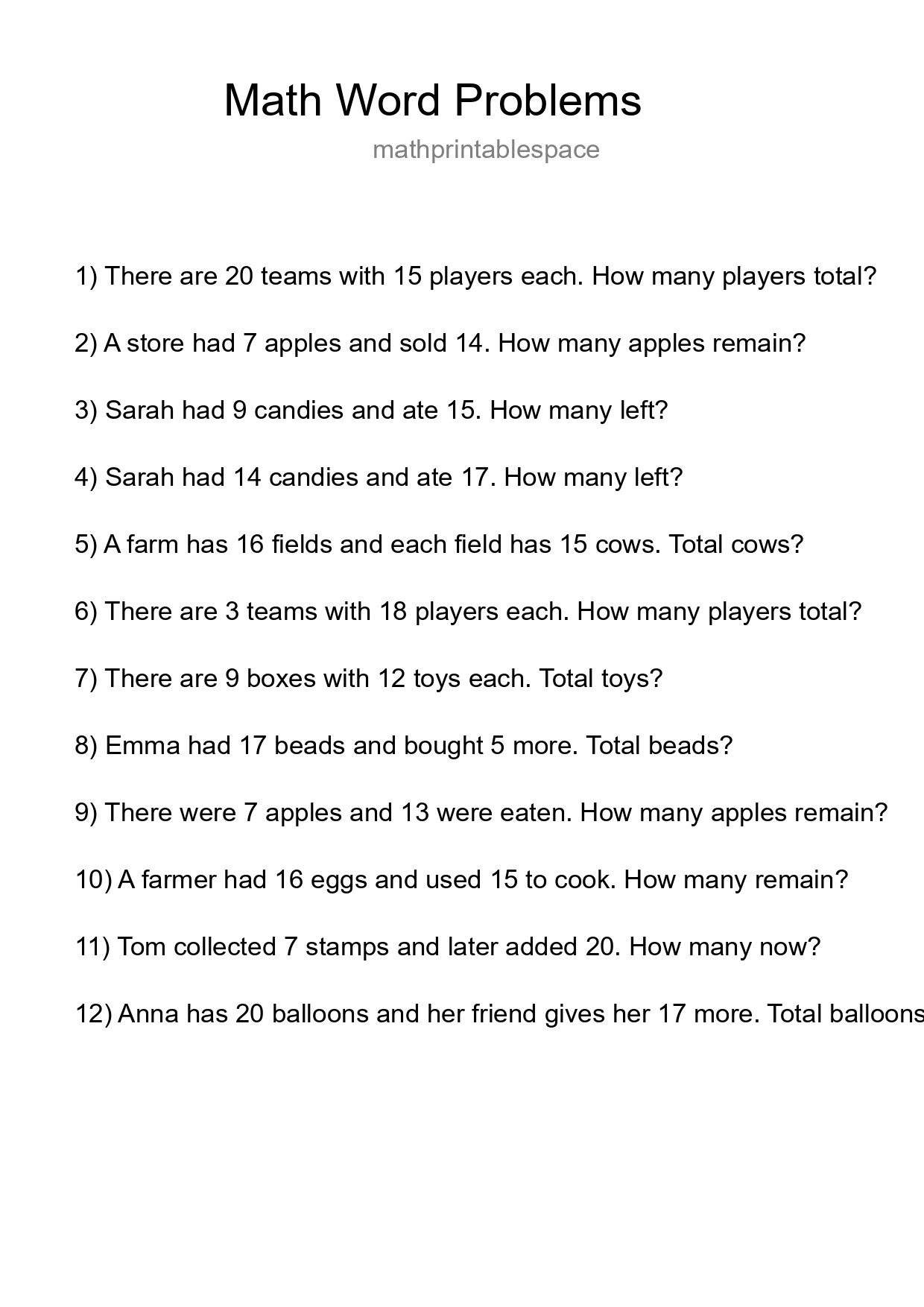 Math Word Problem Worksheet