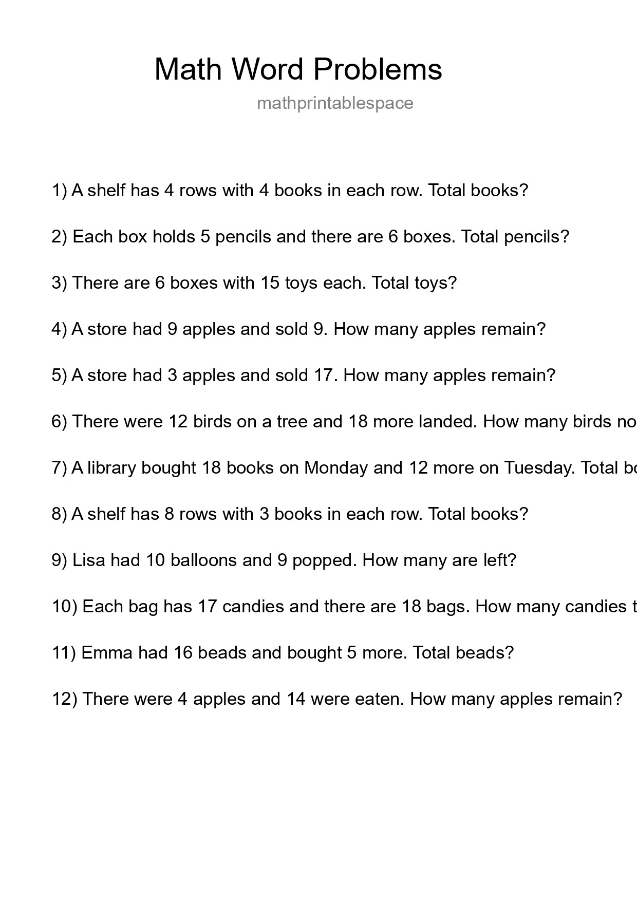 Math Word Problem Worksheet