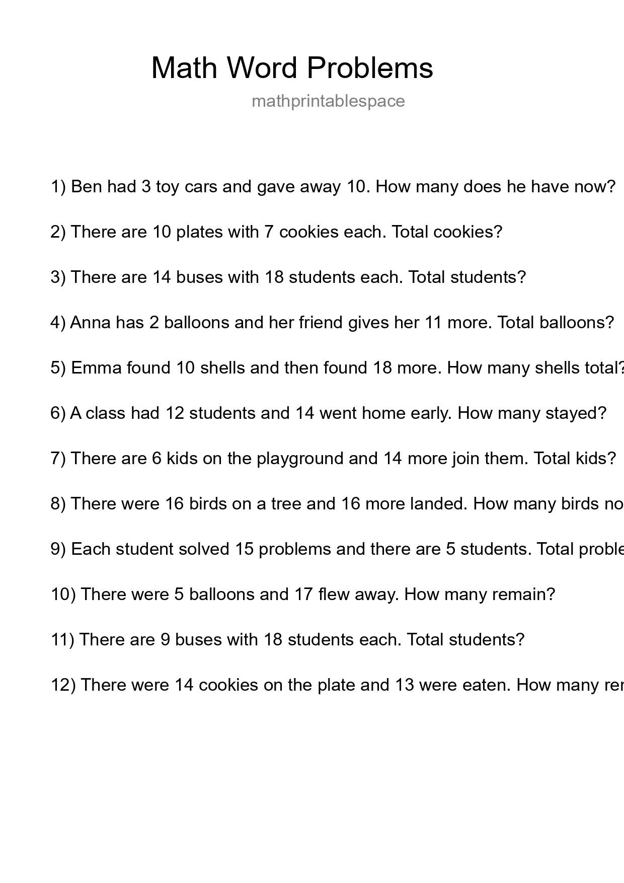 Math Word Problem Worksheet