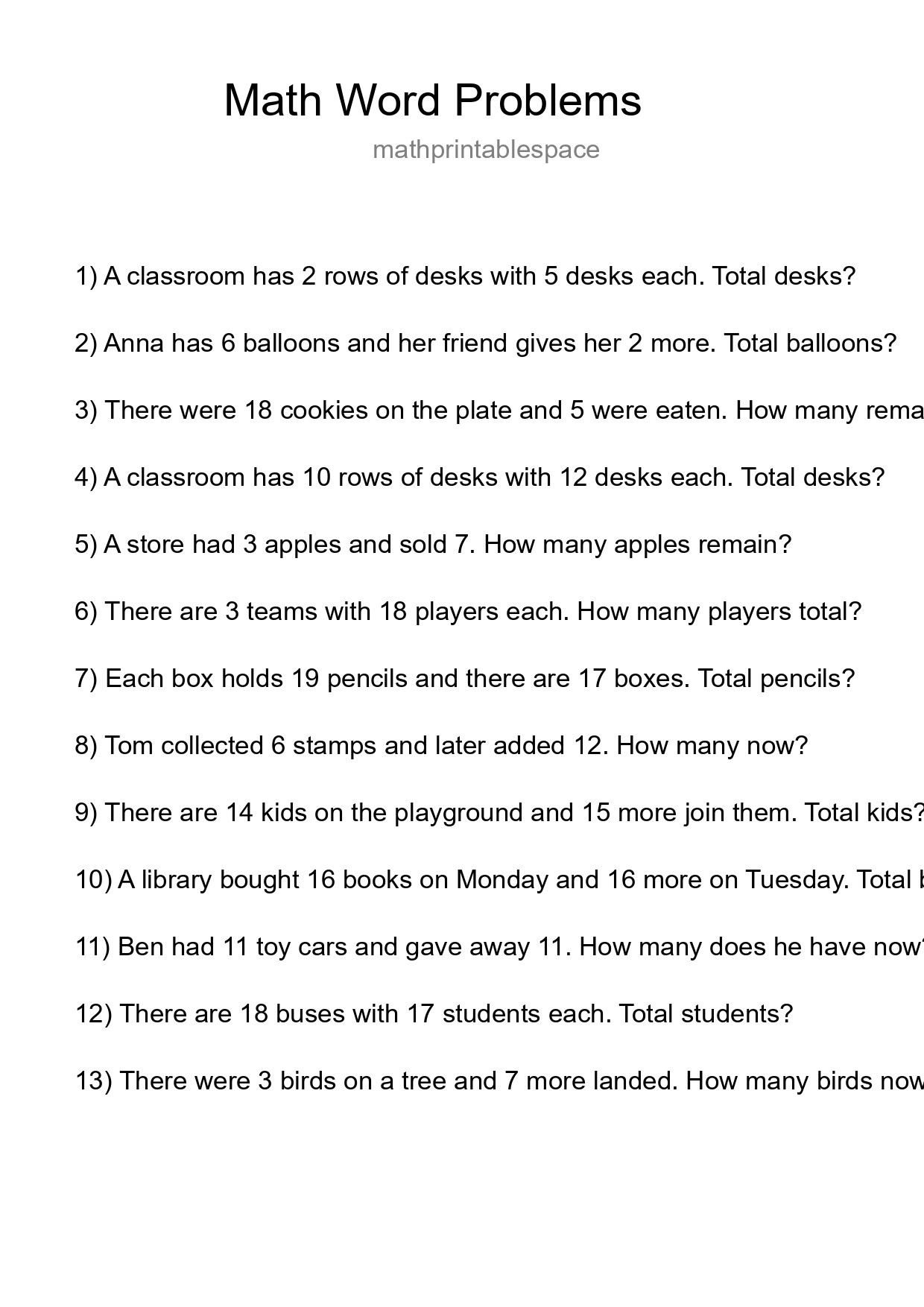 Math Word Problem Worksheet