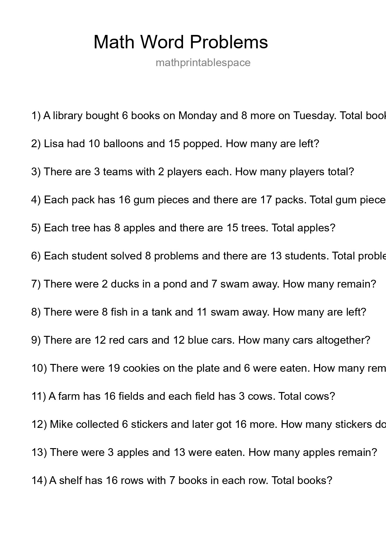 Math Word Problem Worksheet